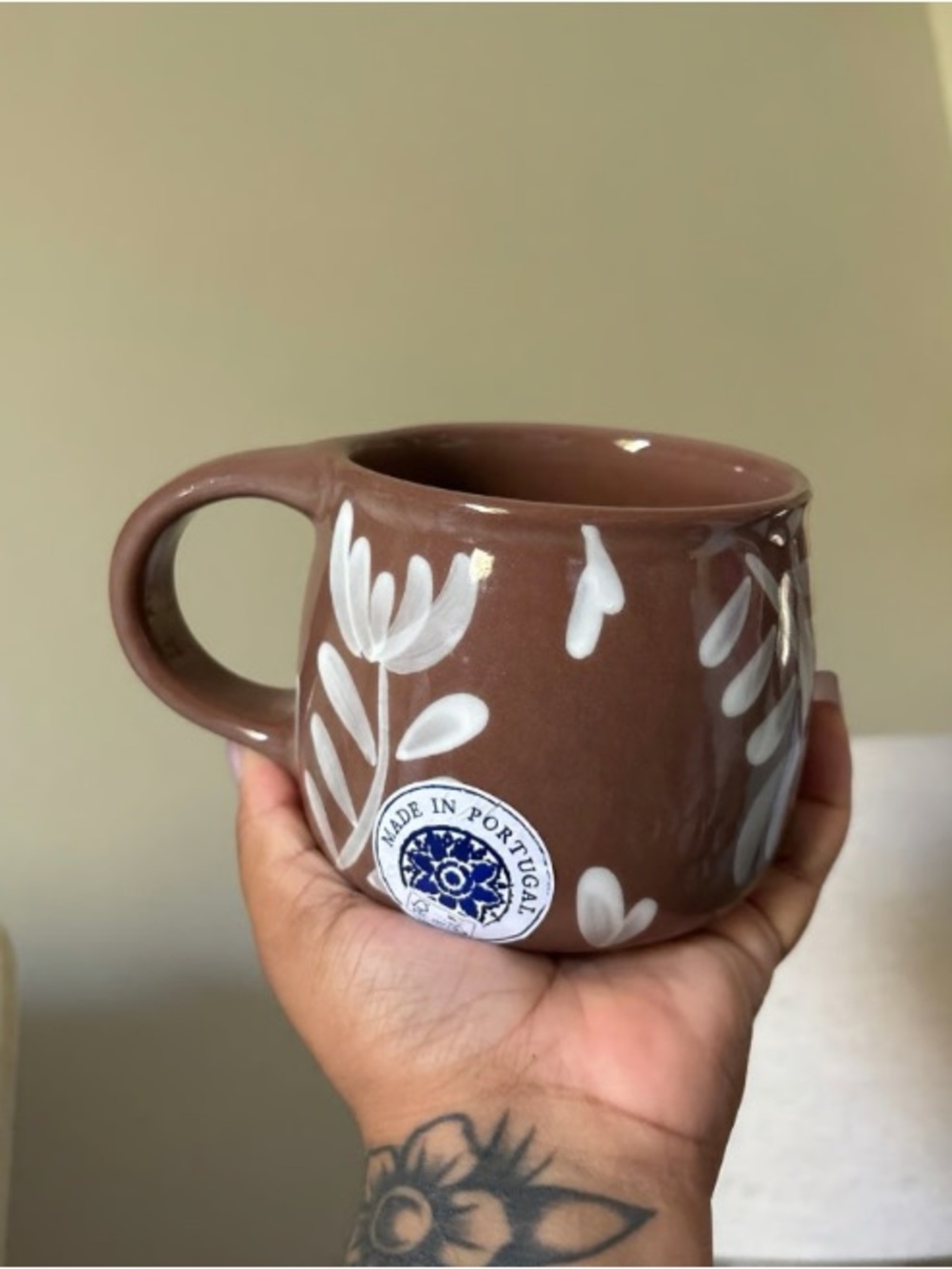Portuguese Brown Floral Ceramic Mug with White Hand-Painted Accents